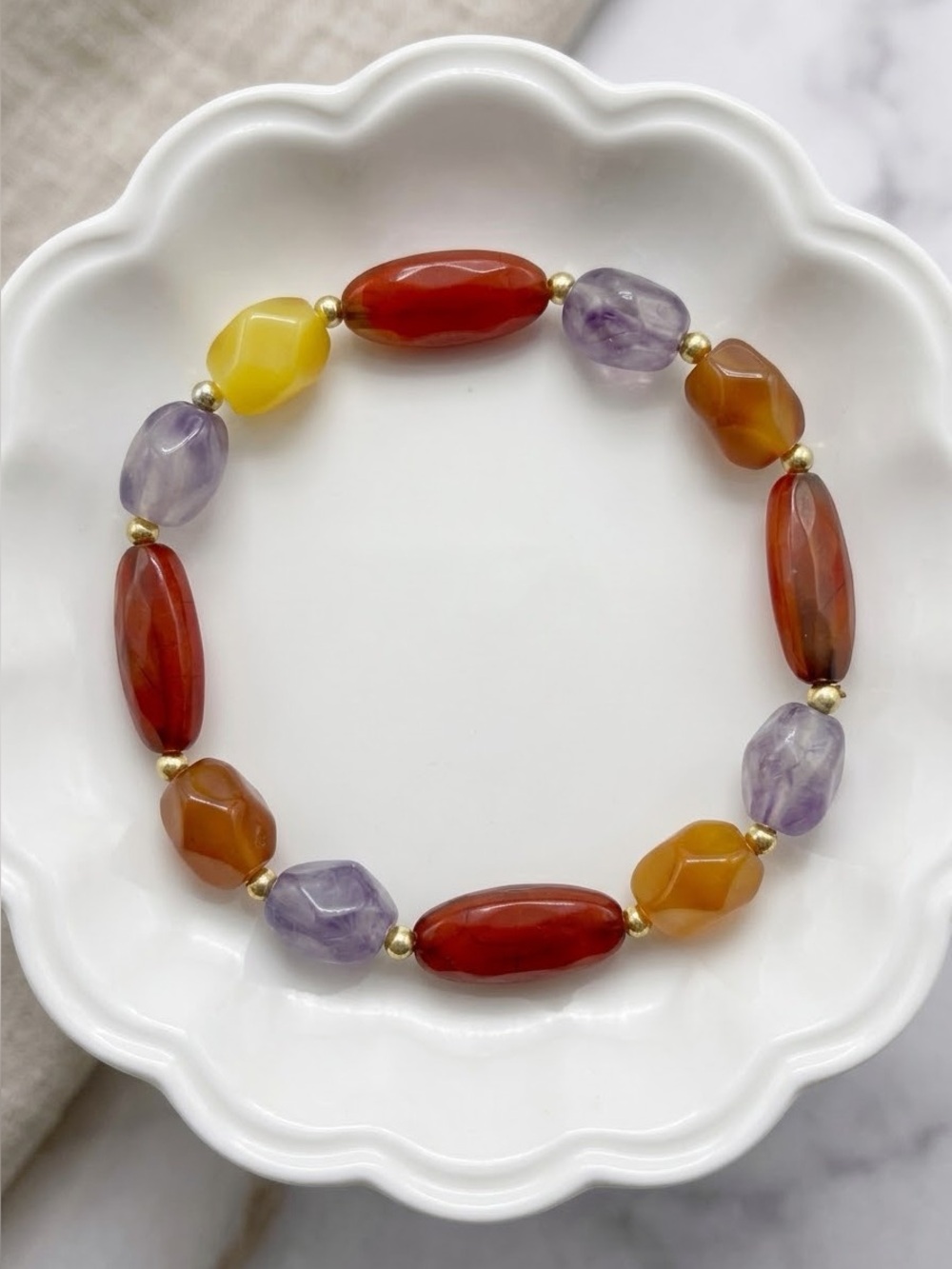 Multicolor Gemstone-Look Stretch Bracelet | Purple Red Yellow Beaded Bracelet